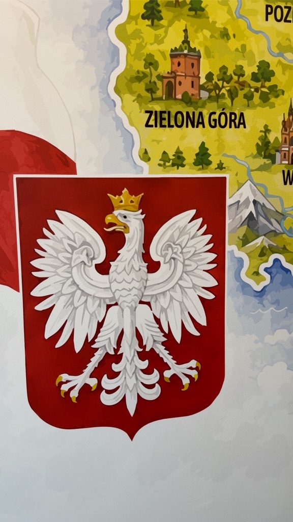 Godło i flaga Polski na murale w szkole w Nowogardzie – druk ścienny UV wallKing