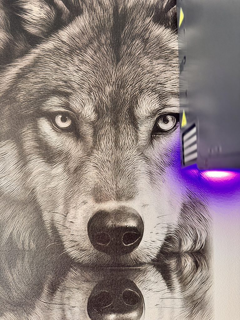 Lampa UV utwardza tusz podczas druku wilka na ścianie – drukarka WallPen E2