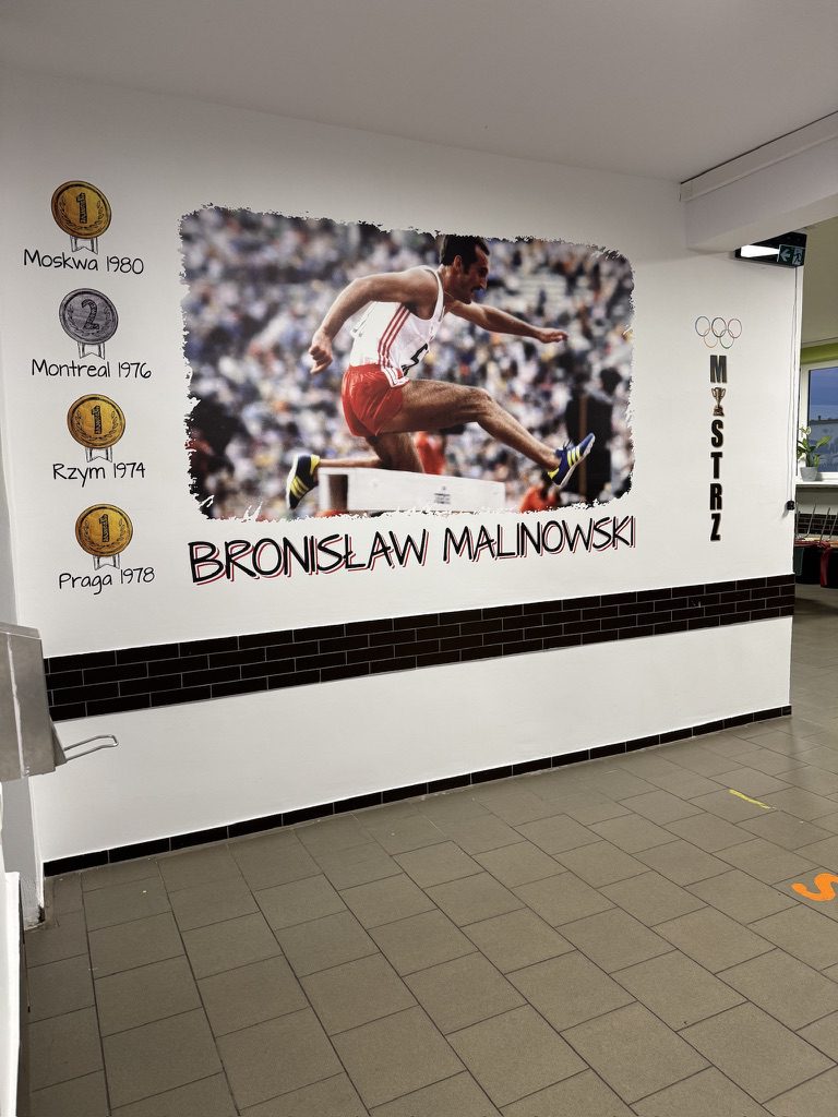Mural z patronem Bronisławem Malinowskim przy wejściu do szkoły w Osinie