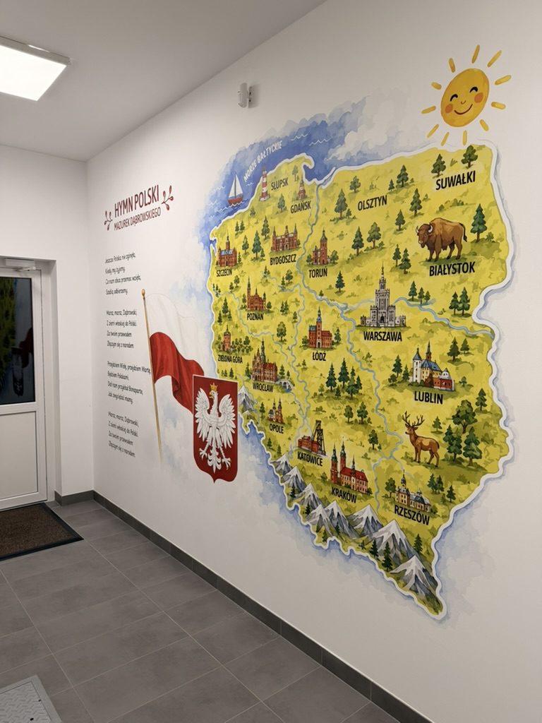 Widok korytarza szkolnego z muralem – mapa Polski oraz kącik patriotyczny z hymnem, flagą i godłem