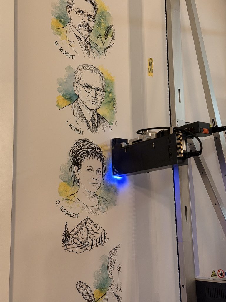 Drukarka UV wallKing podczas druku detalicznych portretów noblistów na ścianie