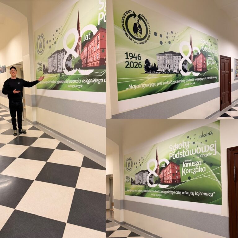 Mural na 80-lecie Szkoły Podstawowej im. Janusza Korczaka w Chojnie – Łukasz Żugaj przy realizacji