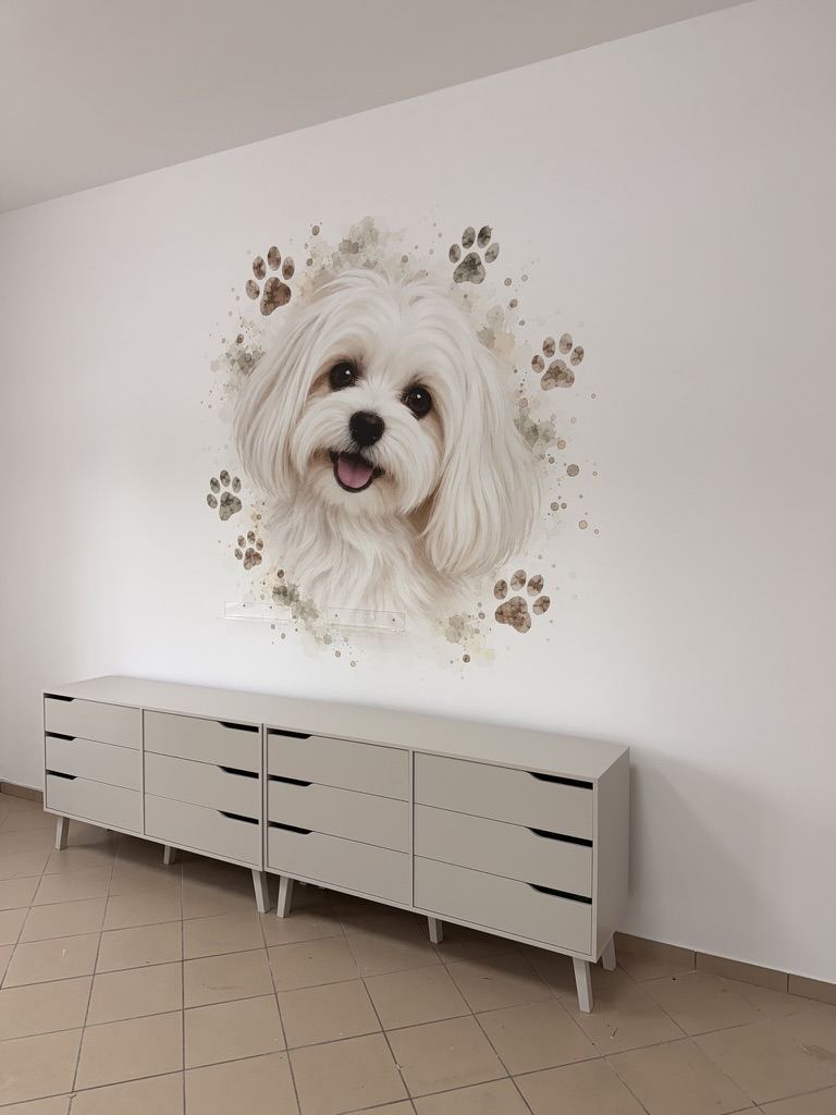 Druk ścienny UV w technologii WallPen – portret psa maltańczyka na ścianie w salonie groomerskim w Gryfinie